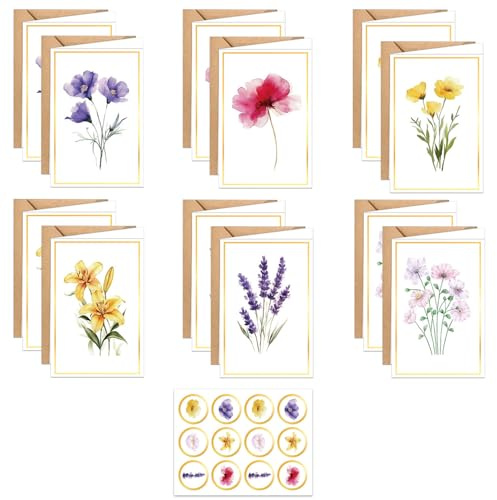 12 Pcs Blank Cards and Envelopes, Floral Blank Cards with Envelopes and Stickers, Greeting Cards for All Occasions, Notecards and Envelopes Sets for DIY, Wedding, Baby Shower, Birthday