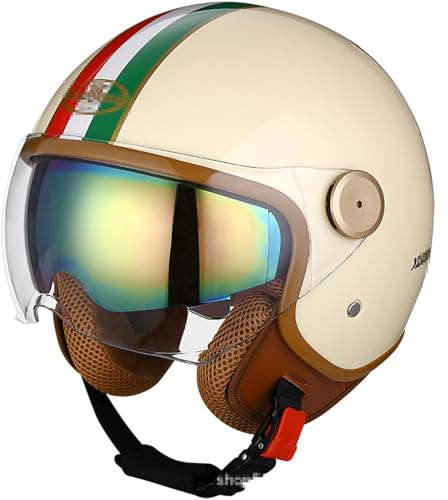 Casque de Moto 3/4 Ouvert Unisexe en Cuir pour Femme, Demi-Casque certifié ECE, Style Jet Vintage pour Scooters, cyclomoteurs, avec visière Rabattable, 56-62 cm C,56-62CM