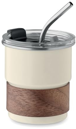 Nachhaltiger Thermobecher 260 ml recycelter Edelstahl mit Akazienholzgriff, Einwandiger Coffee-to-go Becher mit auslaufsicherem Deckel & Edelstahl-Strohhalm, Wiederverwendbar, ökologisch (Creme)