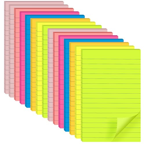 (15 Pads) Lined Sticky Notes 4x6 in Post, 7 Bright Colors with Lines Self-Stick Note Pad it, Strong Adhesive, Big Rectangular Sticky Pads for Office, Home, School, Meeting