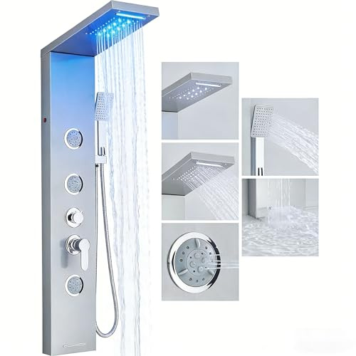 Pannello doccia con miscelatore 5 funzioni, LED e doccia a cascata Colonna in acciaio inox nichel spazzolato con 3 getti di massaggio scarico vasca