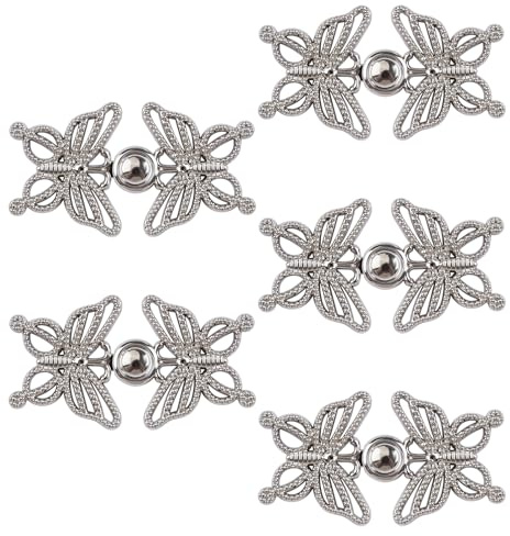WANDIC Umhang-Verschlüsse, 5 Paar, 2,7 x 2,5 cm, Nähknöpfe, Vintage-Schmetterling, Pullover-Clip für Kleidung, Haken und Ösen, Frosch-Verschlüsse, silberfarben