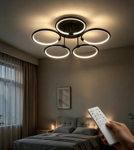 WSXEDC LED Deckenlampe Schwarz 5-flammig 50W Ring-Design mit Fernbedienung | dimmbar 2700K-6500K mit Nachtlichtfunktion moderne Deckenleuchte für Wohnzimmer Schlafzimmer Küche Esszimmer Büro