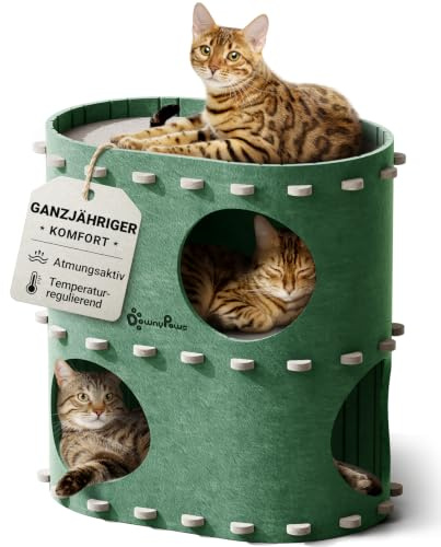 DownyPaws Katzenhöhle aus Filz, 2-stöckige, 50 x 33 x 50 cm, Grün | 2-stöckige Katzenbett, Schloss Katzenhaus zum Spielen, Warmes Design, Schutz der Katzennägel