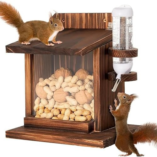 Comedero y Bebedero for Ardillas, Mesa de Picnic de Madera con Ventana Transparente, for Alimentar Animales Salvajes en el jardín al Aire Libre.