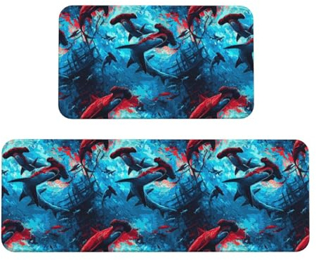 TZTTZT 2 Stück Küchenmatten für Boden, Hammerhead Hai, cooler Druck, Küchenteppich, rutschfest, waschbar, Anti-Ermüdungsmatten für Küche, Bodenmatte, Teppiche, 2er-Set, Heimdekoration