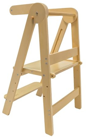 Lemodo Montessori Lernturm klappbar aus Birkenholz, 3-Fach höhenverstellbar, Natur lackiert, bis 50 kg, für Kinder von 1,5–5 Jahren, platzsparender Learning Tower & Tritthocker für Küche & Bad