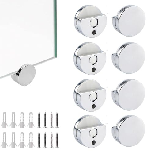 8 Piezas Soporte para Espejo Sin Marco, Soporte de Vidrio Clips de Espejo de Aleación de Zinc Soportes Fijación de Espejos Soporte de Pared Redondo con Tacos y Tornillos