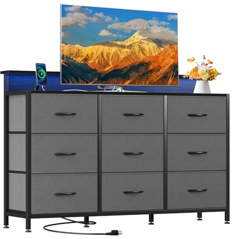 DUMOS TV Stand Dresser with 9 Fabric Drawers and Open Shelves, Entertainment Center with LED Lights, Charging Station for Bedroom, Wood Top Media Console for 45-55 inch TV Stand with Storage, Grey