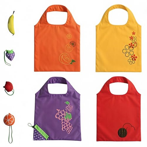 Cosiesnest 4 Pack Strawberry Foldable Shopping Bags with Fruit Patterns, Portable Reusable Tote Bags for Grocery, Travel, Beach, Gym & Everyday Use, Lightweight & Durable