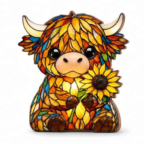 Komergave 2D Highland Cow Holz Deko, Highland Cow Figur mit Sonnenblume, Hochlandrind Holzfiguren für Wohnzimmer, Büro und Bücherrega