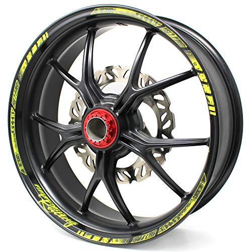 18 Teiliges Felgenrandaufkleber Neon Line Felgendesign inkl. Felgenbettaufkleber Komplett-Set -Finest Folia passend für 17 Zoll & 161819 Felgen Motorrad Auto Fahrrad MR003 (Neon Gelb, Glanz)