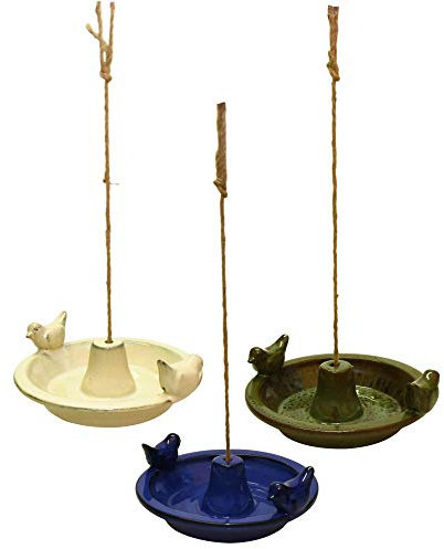 Esschert Design Vogelbad Keramik hängend, rund, farbig sortiert, aus Terracotta/Hanfseil, 30 x 27,6 x 10,2 cm, Vogelfutter-Station, Vogel Badewanne