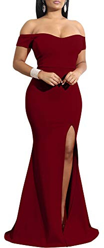 YMDUCH Robe de soirée Longue à épaules dénudées pour Femme, Rouge Bordeaux/Blanc, Taille L