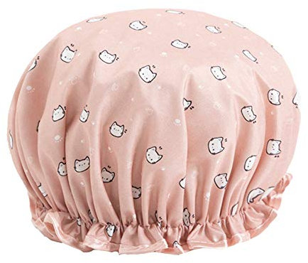Shower Caps Waterproof Double Layers Shower Caps Elastic Band Lovely Cat Pattern Reusable Bath Hat for Women Girls (Pink)
