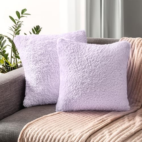 PAVILIA Flauschiger Lavendel-Kissenbezug, dekorative Akzent-Kissenbezüge für Bett, Sofa, Couch, weicher Kunstfell-Kissenbezug, quadratisch, Sherpa-Kissenbezüge, Heimdekoration, Lila, 45,7 x 45,7 cm, 2