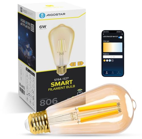 Aigostar Lampadine Alexa E27 WiFi Edison Lampadina Vintage 6W 806ML Lampadine Smart Retrò Dimmerabile 2700K-6500K, Controllo Remoto tramite APP, Compatibile Con Alexa, Google Home, Oro 1 pezzi