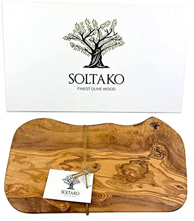 SOLTAKO Tabla de cortar grande XXL de madera de olivo, tabla de madera gruesa y resistente con ranura, tabla de carne, tabla de cortar, tabla de madera maciza, rústica (approx. Largo 40-43 cm)