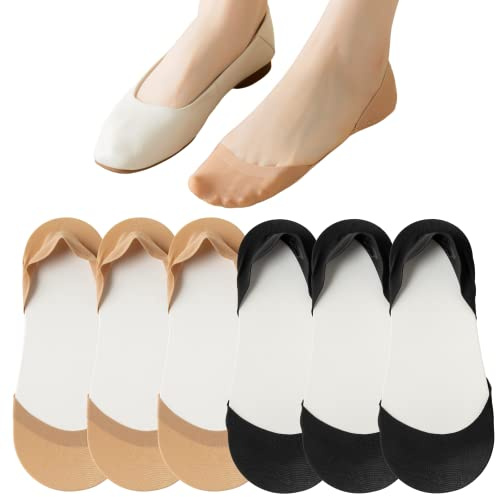 No Show Socks for Flats Heels Pumps Lofers Low Cut Non-Slip Invisible Liner Socks for Women by Flammi, 6 Pairs-black+nude, 6-9