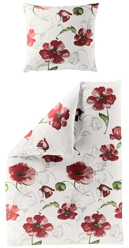 Traumschloss Seersucker Bettwäsche - rote Blumen auf weißem Hintergrund, 200x200 & 80x80, 100% Baumwolle, Krepp Struktur, perfekt für den Sommer
