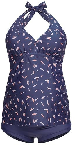 Herzmutter moderskap tankini halshållare - moderskap badkläder - tvådelad baddräkt för gravida kvinnor - överbelly - randigt mönster slätt - UV-skydd 50 - Sista säsongen - 7100 (Blå-Fjädrar, S)