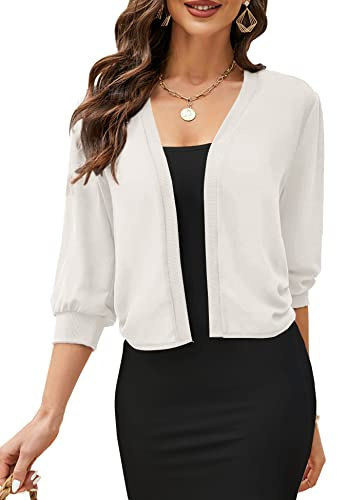 KOJOOIN Damen Bolero Festlich 3/4 Ärmel Strickjacke Elegant Bolerojacke（Verpackung MEHRWEG） Weiß,S