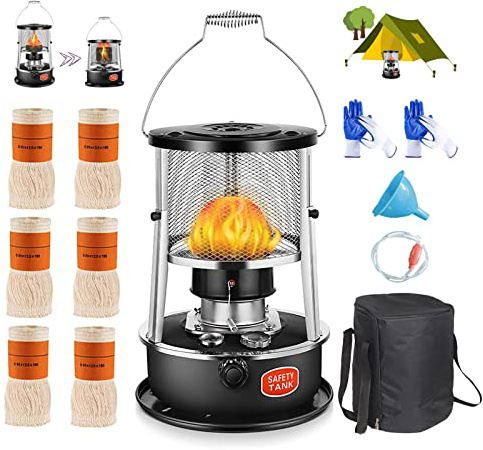 CXLL Efficient Kerosene Heaters for Indoor Use, Stainless Steel Heater Non Electric, Stove Camping with Portable Handle, 6 Wicks 2 Pairs of Gloves, Boiling Water Heating Cooking, Black