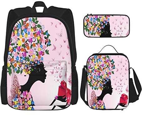 IUBBKI 3 Piece Set Backpacks Pink Butterfly Girl Teacup Floral Dress Fairy Angel WingsFolk Print Book Bag Travel Work School Bag Pencil Case Lunch Bag Combination For Men Women Boys Girls