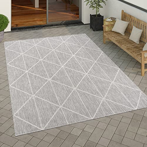 Paco Home Outdoor Teppich wetterfest modernes Boho Skandi Rauten-Muster Robustes Flachgewebe in Sisaloptik pflegeleicht ideal für Balkon, Terrasse & Küche, Grösse:160x220 cm, Farbe:Grau