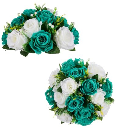 BLOSMON Blumenstrauß Blumengestecke Künstlich Deko Rose 2 Pcs Künstliche Blumenstrauss Blau-Grün & Weiß Blumen Tischdekoration Blumenkugel Valentinstag Rosenstrauss for Hochzeit Muttertagsgeschenk