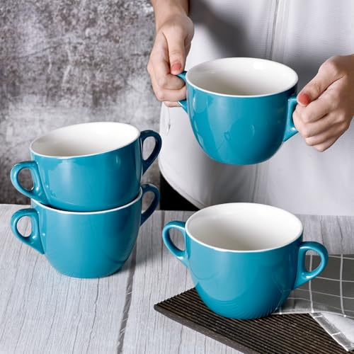 fMSDD Aqua Blue Suppentöpfe mit Doppelgriffen, Keramik, vielseitige Schüsseln, mikrowellengeeignet, stapelbar, Gesundheitstasse, perfekter Ersatz oder neues Geschenk für die Küche, Hauseinweihung, 4