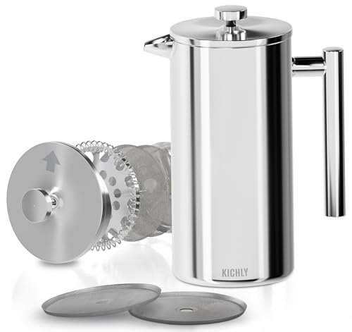 KICHLY Caffettiera Francese a Stantuffo in Acciaio Inox - Espresso e tè con Filtri Tripli - Vetro Resistente al Calore con Stantuffo in Acciaio - Caffettiera Portatile - 20 Oz (0,6 Litri) – Argento