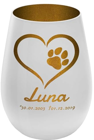 Trauerlicht Haustier mit Herzmotiv - Außen Weiß/Innen Gold - personalisierbar mit Name und Datum - Höhe 12 cm - Gedenklicht Windlicht Teelichthalter Hund Katze