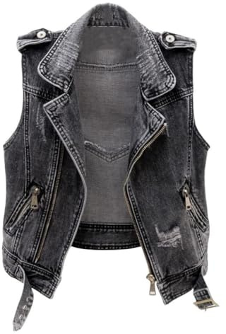 OLGER Denim Weste-Punk Schwarz Zerrissene Gewaschene Jeansweste Jeansjacke Plus Size Destoryed Jeansjacke Frühling Strickjacke Oberbekleidung Plus Größe S-3Xl, XL