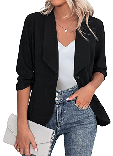 Zeagoo Damen Business Blazer Elegant 3/4 Arm Offene Front Cardigan Einfarbig Longblazer mit Knopf Freizeit Arbeit Outwear Schwarz M
