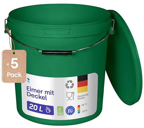 BenBow - Eimer mit Deckel 20l grün 5X 20 Liter - lebensmittelecht stabil luftdicht auslaufsicher geruchsneutral - Aufbewahrungsbehälter aus Kunststoff - Metalgriff Rissfester Griff, leer - zur Hause