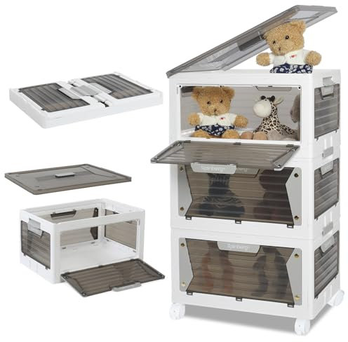 Rainberg Large Storage Boxes with Lids, Strong & Sturdy Plastic Storage Boxes, Stackable Nestable Container for Home & Office use. (White & Grey, 3 Tier 150L Storage)