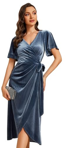 Ever-Pretty Vestido Elegante Mujer Ceremonia Mangas Volantes Escote En Pico Falda Midi Falda Terciopelo 1964 Azul Denim 42