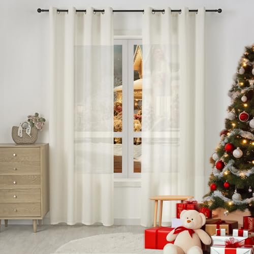 WOLTU 2er Set Gardinenn mit Ösen, Vorhang für Wohnzimmer Schlafzimmer, Leinenoptik, Halbtransparent, modern, 135 x 245 cm, Creme