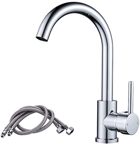 F-DEEN Rubinetto da Cucina Girevole a 360°, Miscelatore Monocomando, Acqua Fredda e Calda,Rubinetti per Lavello Cromo
