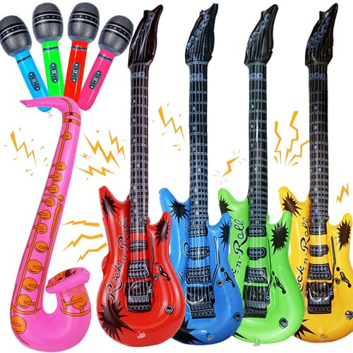 Naturahand 9Pcs Inflatable Guitars Blow up Microphones Saxophone Inflatable Instruments Party Props Guitar Toy Rock Star Toy Set for 80s 90s Themed Party Hip Hop Party Decorations