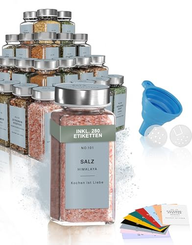 MS. EMMA Set di barattoli per spezie, 24 eleganti barattoli per spezie (120 ml) con etichette per spezie in 10 colori, spargispezie con inserti e imbuto Contenitore per spezie (grigio cemento)