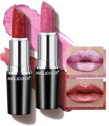 Anglicolor Pintalabios Metallic Brillo, Lapiz de Labios Hidratante Gloss Larga Duracion Nutritiva, Barra de Labios Permanente Alto Pigmentada Purpurina Maquillaje (12+15, 8g)