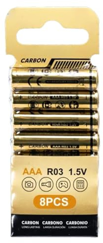 Lot de 8 piles carbone-zinc R03 (AAA) 1,5 V, idéales pour les appareils électroniques et les jouets.
