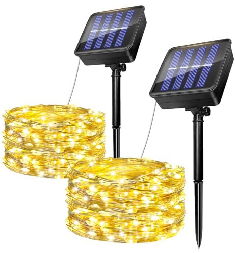 2 Stück Solar Lichterkette Aussen 5M, 50 LED Solarlichterkette Außen Wetterfest, IP65 Wasserdicht, 8 Modi Kupferdraht Lichterkette Solar für Garten, Balkon, Terrasse, Hof, Hochzeit (Warmweiß)