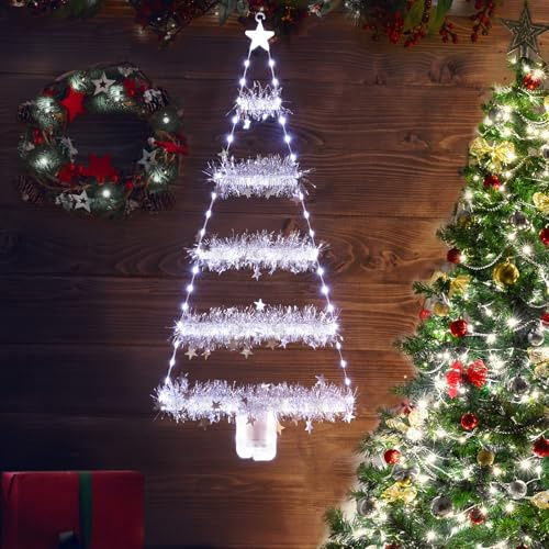 Geemoo Luces con 81 cm LED Arbol de Navidad, Luces Exterior Batería con Temporizador, 8 Modos,Guirnalda de Oropel de Navidad, Luces Decoración para Ventanas, Puerta, Regalo, Interior (Blanco)