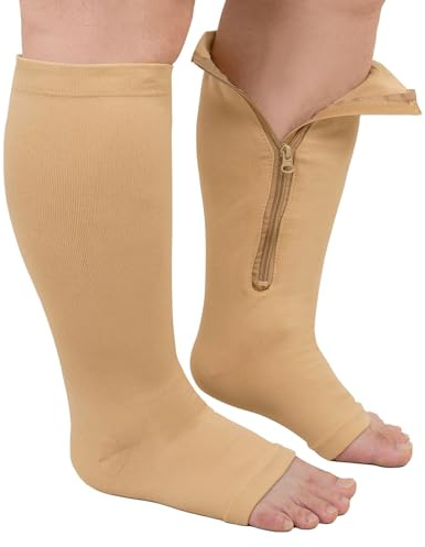 ZFSOCK Calcetines Compresion Mujer Hombre: Medias de Compresión Tallas Grandes Cremallera Pantorrilla Ancha Punta Abierta 20-30 mmHg para Obesas Embarazada Venas Varicosas Deportes Beige L-XL