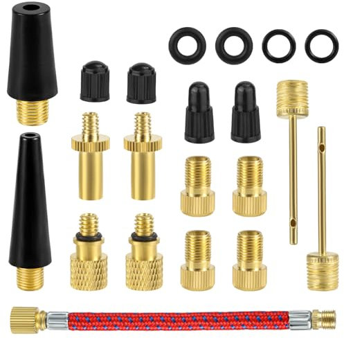 NQEUEPN 21pcs Bicycle Valve Adapter Set, Brass Bike Tire Valve Adapter Air Hose Adapter Includes Valve Caps Inflatable Nozzle Bike Pump Needle Bike Pump Accessories for Presta Schrader