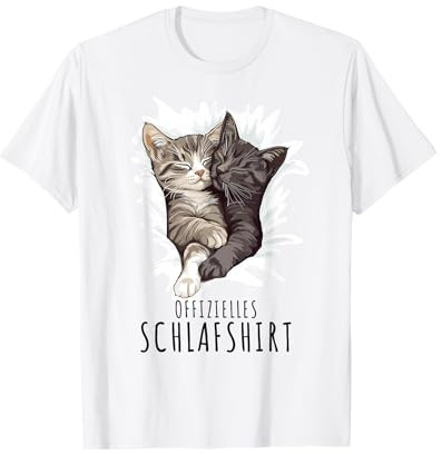 Offizielles Katzen Schlafshirt - Unisex Erwachsene - Lustiges T-Shirt - Weiß - S - Klassisch - Rundhals-Ausschnitt - Klein - Pull-On