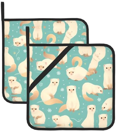 BROLEO Set di 2 presine da 20,3 x 20,3 cm, resistenti al calore e durevoli, accessori da cucina con tessuto impermeabile, modello francese alla moda con immagine di furetti